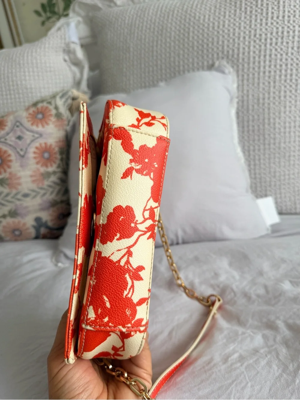 Tory Burch Cream and Orange Floral Chain Crossbody